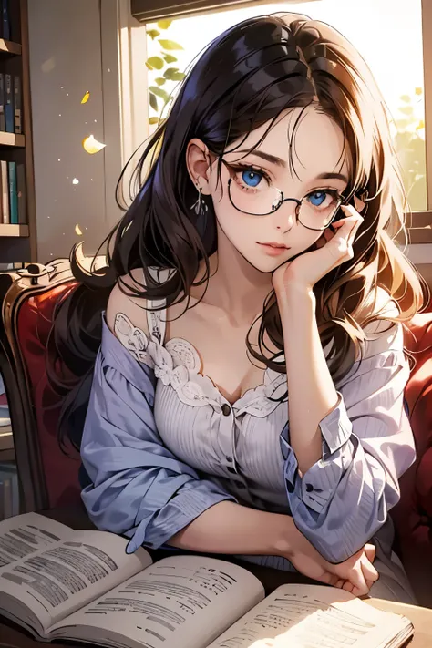 1girl (sitting quietly), curriculum book in hand, glasses perched on the tip of her nose, blue eyes focused intently on the pages, wavy chestnut hair cascading down her shoulders, delicate features highlighted by natural sunlight filtering through the wind...