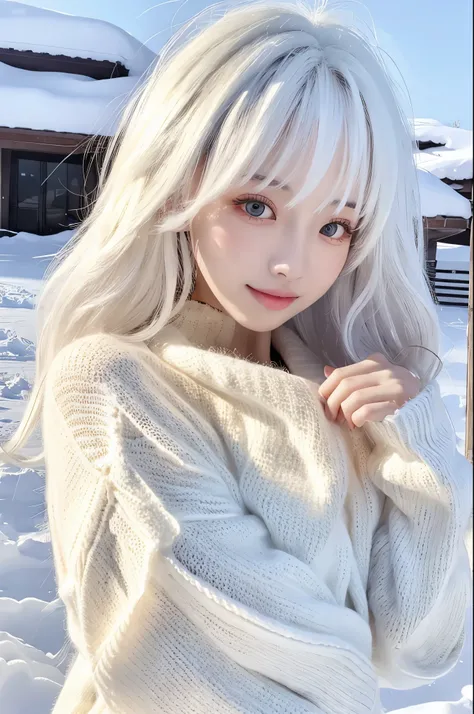 Beautiful woman with perfect figure：1.4，Layered Hair Style，sexy ，oversize sweater，Whitening Skin，Long snow-white hair