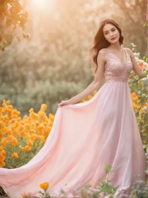 ( high quality photography) Indonesia  women, flowing long colorful pastel dress, the body surrounded of flowers, stand and posing fantasy on flowers garden, depth blur, bokeh, 300 DPI, Enchanting Atmosphere, photo, 8k, dynamic action,