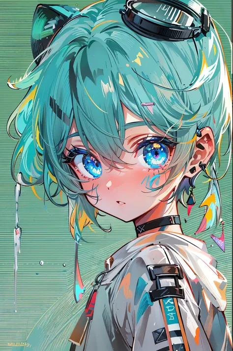 ((8K resolution))、((highest quality))、((masterpiece))、((super detailed))、1 female、solo、incredibly absurd、oversized hoodie、headphones、street、outdoor、rain、neon、short cut hair、bright colored eyes、put one&#39;s hand in one&#39;s pocket、shorts、water dripping, s...