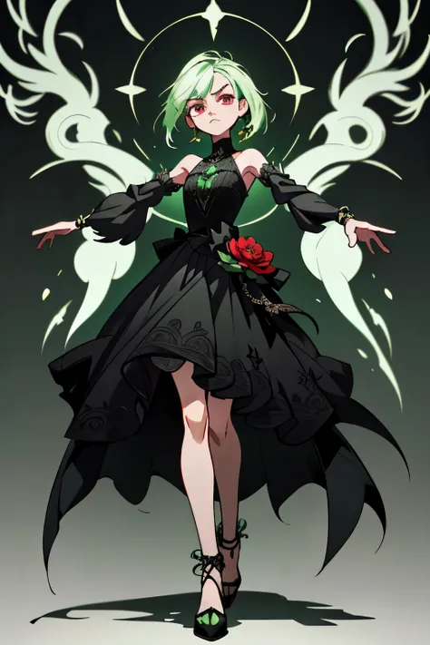 Concept art of a captivating character with full green hair, standing in front of you with outstretched arms and knees together, feet slightly apart. Her expression is emotionless, with striking grey or red eyes that seem to pierce through the viewer. A sh...