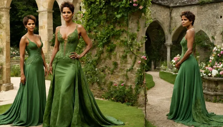 Linda garota "Halle Berry", vestidos eda longo verde, de corpo inteiro, jardim de flores de rosa delicado e lindo, in a medieval setting, chovendo e raios.