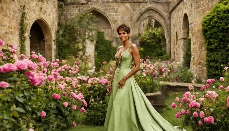 Linda garota "Halle Berry", vestidos eda longo verde, de corpo inteiro, jardim de flores de rosa delicado e lindo, in a medieval setting, chovendo e raios.