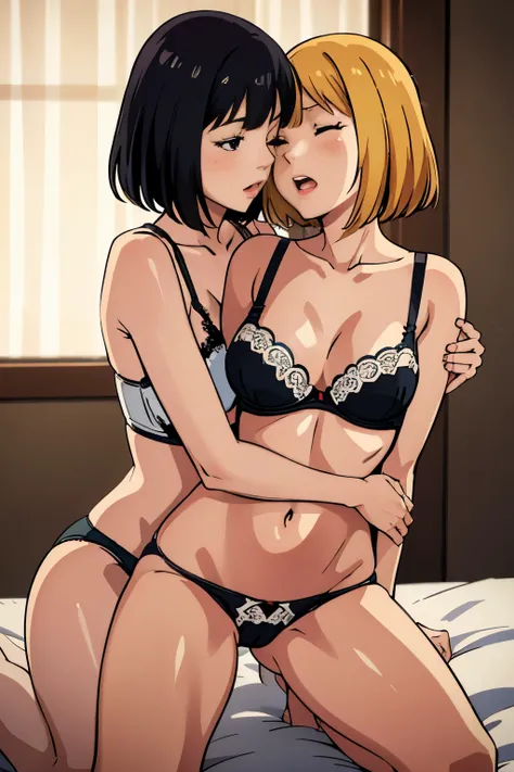 masterpiece、High resolution、Highest image quality、Bob cut hair、two girls、low length、slender、Senri and waterfall names, Takina Inoue, Chisato Nishikigi, 2 girls、a blonde and a black hair、detailed depiction of the face、lie on the bed、blush、(profile、sexual cl...