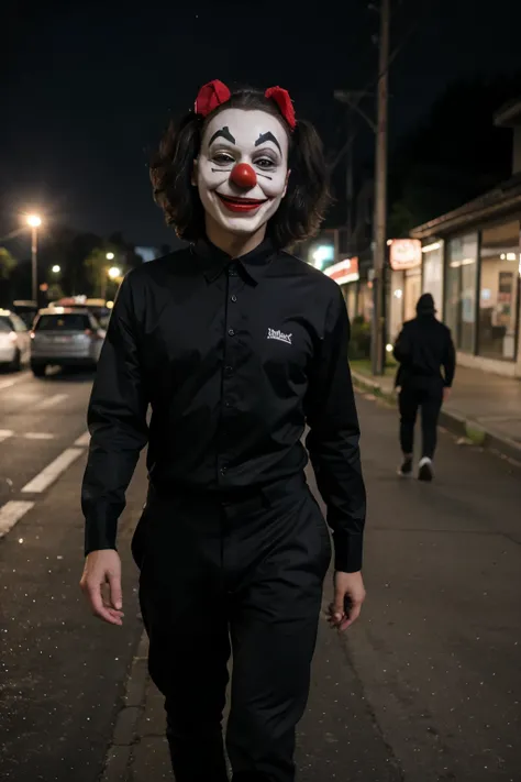 melhor qualidade, a man in black clothes with a clown mask, muito realista, corpo todo, andando na estrada de noite, com luzes, terror, ultra realista 
