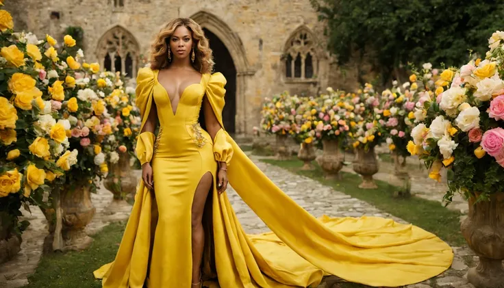 Linda garota "beyonce", vestidos eda longo Amarelo ouro, de corpo inteiro, jardim de flores de rosa delicado e lindo, in a medieval setting, chovendo e raios.