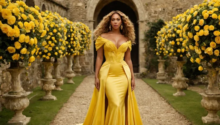 Linda garota "beyonce", vestidos eda longo Amarelo ouro, de corpo inteiro, jardim de flores de rosa delicado e lindo, in a medieval setting, chovendo e raios.