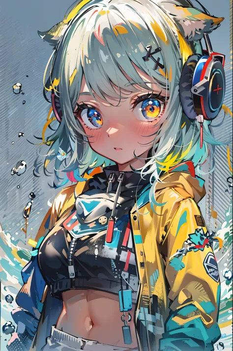 8K resolution、((highest quality))、((masterpiece))、((Super detailed))、1 female、alone、incredibly absurd、oversized hoodie、headphones、street、yellow background、rain、Fluorescent neon、short cut hair、light colored eyes、put one&#39;Hand in hand&#39;pocket of、shorts...