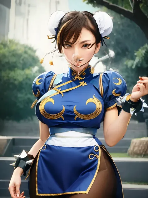 girls dressed in blue and gold uniform holding a knife, portrait of chun - li, portrait of chun li, chun li, chun - li, chun-li,...