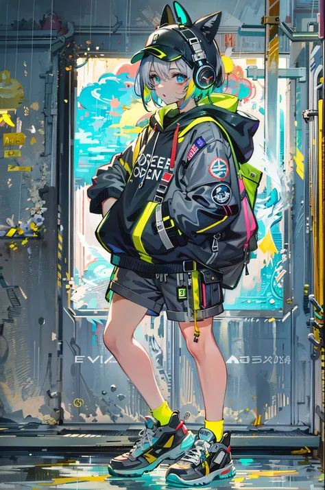 8K resolution、((highest quality))、((masterpiece))、((Super detailed))、1 female、alone、incredibly absurd、oversized hoodie、A hoodie with a design that looks like paint has been blown away..、headphones、street、yellow background、rain、Fluorescent neon、short cut ha...