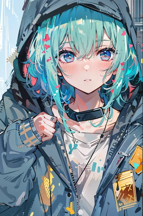 ((8K resolution))、((highest quality))、((masterpiece))、((Super detailed))、1 female、alone、incredibly absurd、oversized hoodie、headphones、rain、neon、short cut hair、light colored eyes、put one&#39;Hand in hand&#39;pocket of、shorts、water dripping, step piece, cool...