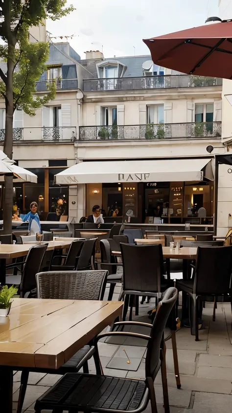 a restaurant table with chairs on a terrace in Paris