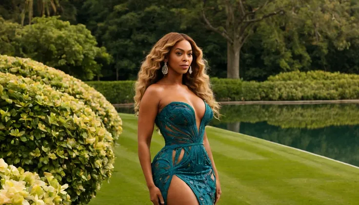 beautiful girl (beyonce), (25 anos), corpo inteiro, (vestido detalhado Azul), vestido com fenda, Caminhando por um lindo jardim de cerejeiras e com um pequeno lago.