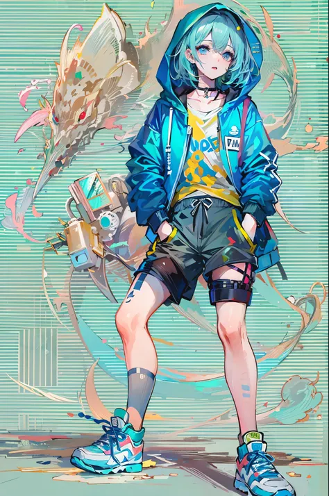 ((8K resolution))、((highest quality))、((masterpiece))、((Super detailed))、1 female、alone、incredibly absurd、oversized hoodie、headphones、street、outdoor、rain、neon、short cut hair、light colored eyes、put one&#39;Hand in hand&#39;pocket of、shorts、water dripping, s...