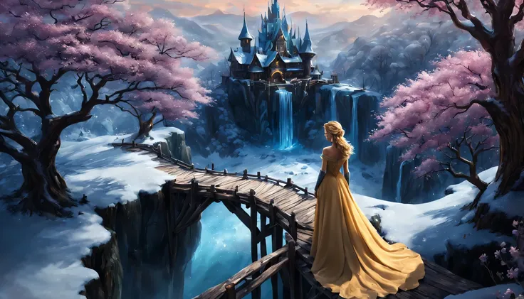 premiado, arte conceitual, belas artes, epic fantasy digital art, bird view，cinematic lighting, Vista descendente，plano super amplo，Viewing angle from afar，profundidade de campos，beautiful young lady (Ana de frozen ), (27 anos), ((((corpo inteiro)))), (((u...