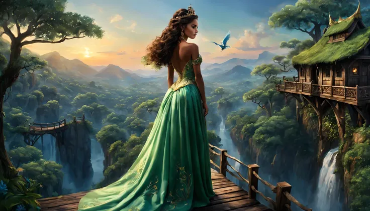 premiado, arte conceitual, belas artes, epic fantasy digital art, bird view，cinematic lighting, Vista descendente，plano super amplo，Viewing angle from afar，profundidade de campos，beautiful young lady (Princesa Tiana "princesa e o sapo" ), (27 anos), ((((co...