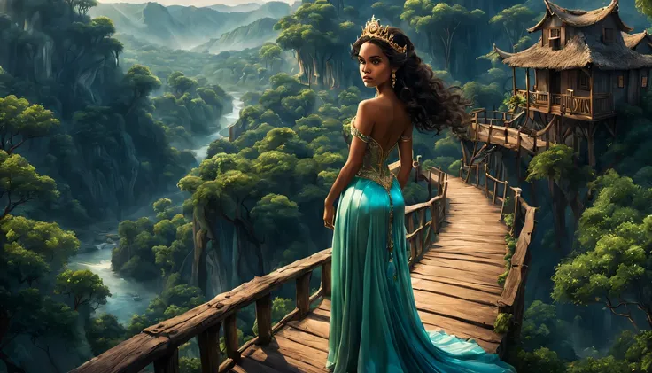 premiado, arte conceitual, belas artes, epic fantasy digital art, bird view，cinematic lighting, Vista descendente，plano super amplo，Viewing angle from afar，profundidade de campos，beautiful young lady (Princesa Tiana "princesa e o sapo" ), (27 anos), ((((co...