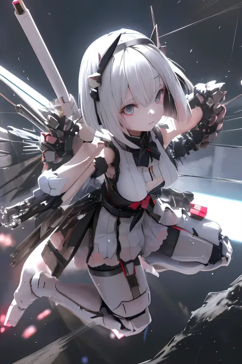 (highest quality)), ((masterpiece)), (very detailed: 1.3), 3D, {(japanese young girl)}, japanese girl wear gothic lolita clothes with white frills, (She is fused with futuristic Gundam mecha:1.2), with headgear, with v-fin , armored shoulders,armored under...