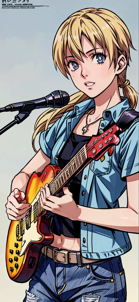 (highest quality,4K,8K,High resolution,table top:1.2), Super detailed, (realistic,photorealistic,photo-realistic:1.37), ((close up of face)),rage, Unfortunate,((blonde hair)), ((long hair)),black camisole, damaged denim jeans,necklace,((playing the guitar)...