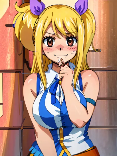 masterpiece, best quality, large breasts, lucy heartfilia, solo, blonde hair, brown eyes, long hair, side ponytail, bare shoulders, sleeveless, hair ribbon, evil smile, blush, breath, upper