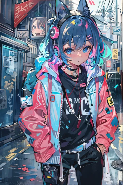 ((8K resolution))、((highest quality))、((masterpiece))、((Super detailed))、1 female、alone、incredibly absurd、oversized hoodie、headphones、street、outdoor、rain、neon、short cut hair、light colored eyes、put one&#39;Hand in hand&#39;pocket of、shorts、water dripping, s...