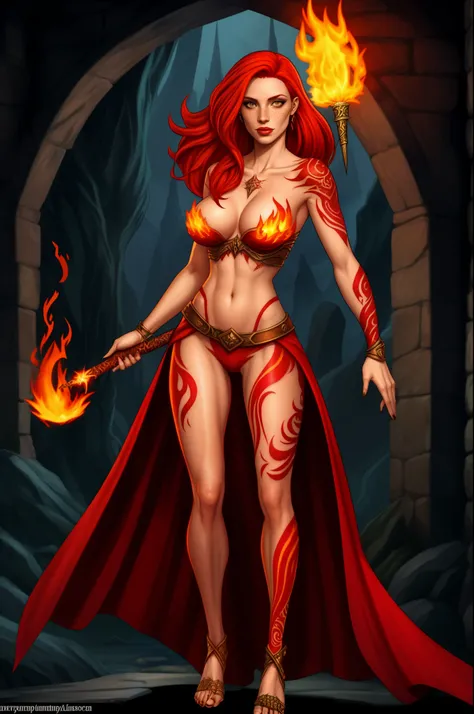 Fantasy Female sorceress, fiery red hair, freckled skin, flame tattoo, full body shot