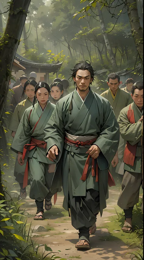 membros do grupo ling shan saindo de uma floresta densa, exausto e suado. li gu is in their midst, with a calm and determined ex...