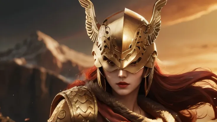 woman with sword and red cape, by Kanō Tanyū, Déesse Athena, dame en armure rouge, Athena, goddess of wisdom, Greek Déesse Athena, Detailed image, golden Déesse Athena, persephone sculpture, inspired by Kanō Hōgai, golden helmet with golden wings close-u...