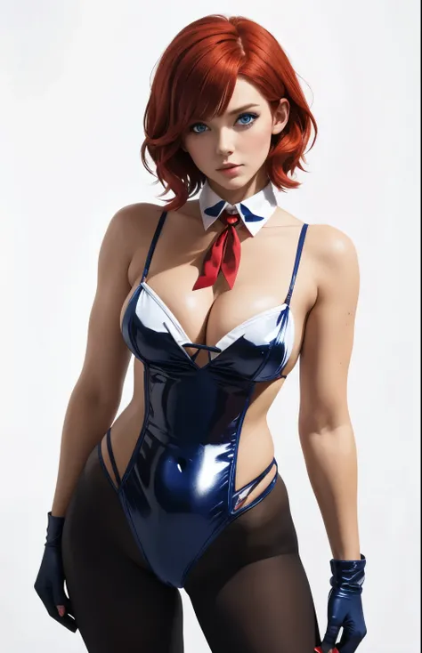 1girl, short red hair, blue eyes, playboy bunny costume.