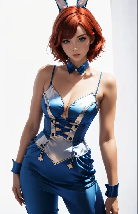 1girl, short red hair, blue eyes, Bunny playboy dress