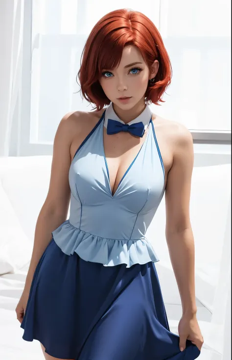 1girl, short red hair, blue eyes, Bunny playboy dress