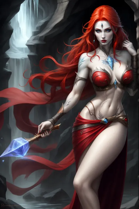 Fantasy Female sorceress, red hair, pale skin, ice tattoo