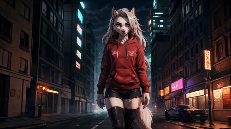 loona, female, wolf, anthro, long white hair, light grey eyes, wearing a red hoodie, walking in a street, abandoned city at nigh...