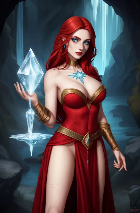 Fantasy Female sorceress, red hair, fair skin, ice tattoo, freckles, pale blue eyes