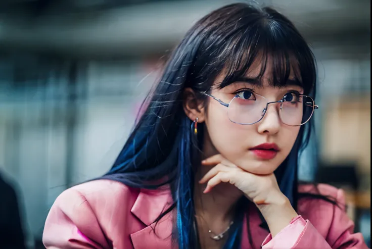 1girl, long hair, bangs, blue eyesball, very long hair, blue hair, pink hair, multicolored hair, earrings, blunt bangs, two-tone hair, streaked hair, ,glasses, lips, figure, suit blazer, in a classroom building, bracelet, parted lips, realistic image, foto...