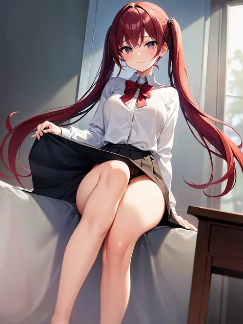 Masterpiece to the smallest detail、top-quality、girl with、17 age、150cm  beautiful girl、B cup breast, a baby face、very red hairs、Twintail long hairstyle, Gradient bob in the forward、Black eyes、Tall, big eyes、Outstanding looks、A lovely child、proximity、closed_...