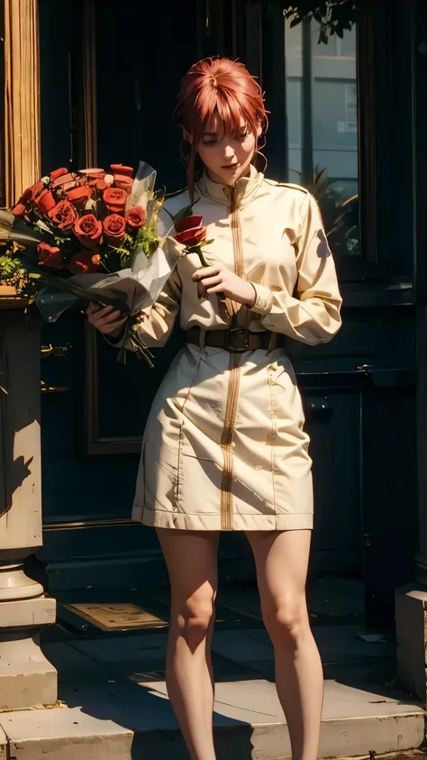 A beautiful lady, Standing, with a bunch of red rose, cinematic daylight, new York city, wall background