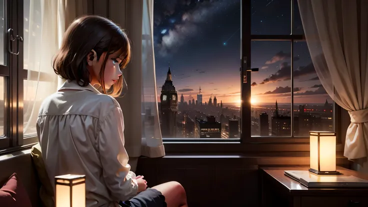 Girl sitting alone by the window，Night view of the city outside the window，The starry sky outside the window sparkles，Very lonely，A soft shimmer shone on the girl，Rich details inside the window，There are plush dolls inside the window，There are night lights...