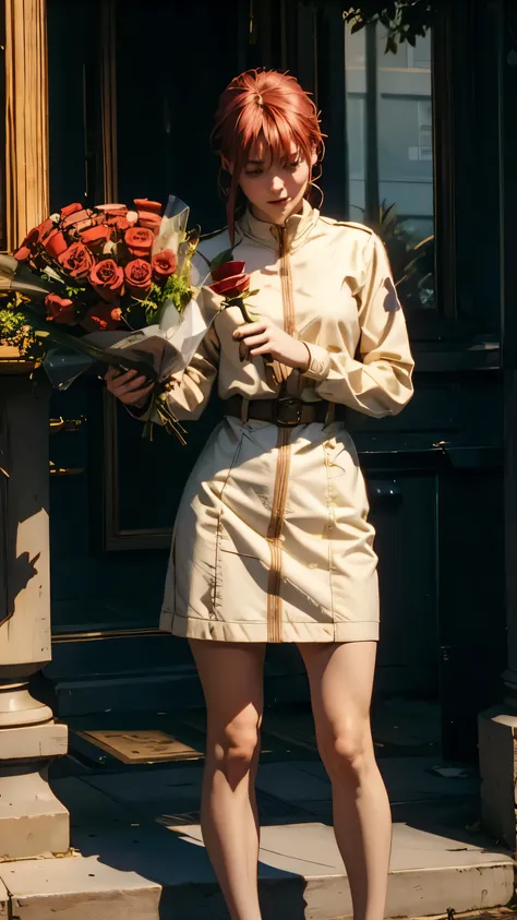 A beautiful lady, Standing, with a bunch of red rose, cinematic daylight, new York city, wall background