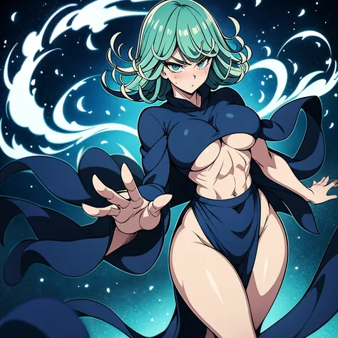 great quality, (1 women), anime, tatsumaki, very focused face, perfect eyes, (standing), (wearing mage robe), mage robe, magic, full body, (casting spell), blue flashes of light, blue sparks, in battle, detailed abs, (masterpiece), (large tits ), massive a...