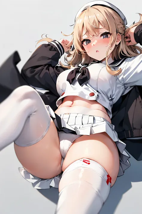 muste piece, best quality, 1 girl,golden hair, (black eye:1.2),((sailor suit))、(((White Thigh Socks)))、((embarrassed expression))、((koukou))、((Photo from below))、(((mini skirt)))、((medium long hair))、((japanese uniform))、((white panties))、((C cup breasts))...