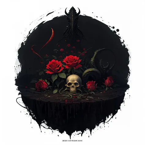 An eerie and mysterious depiction of Cthulhu on a white background, accompanied by a sick rose, a blood sickle, a void, an invisible worm, and a honeysuckle, with the sentence "Lovecrafts Secret Domain" written on the foreground, Vintage photorealistic col...