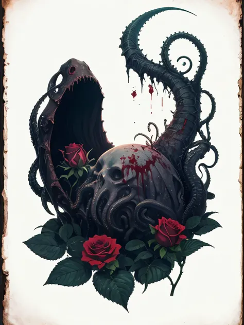 An eerie and mysterious depiction of Cthulhu on a white background, accompanied by a sick rose, a blood sickle, a void, an invisible worm, and a honeysuckle, with the sentence "Lovecrafts Secret Domain" written on the foreground, Vintage photorealistic col...