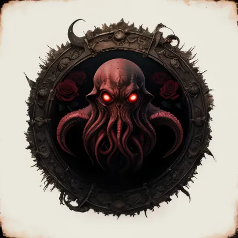 An eerie and mysterious depiction of Cthulhu on a white background, accompanied by a sick rose, a blood sickle, a void, an invisible worm, and a honeysuckle, with the sentence "Lovecrafts Secret Domain" written on the foreground, Vintage photorealistic col...