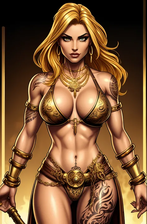 Fantasy Female barbarian, golden hair, fair skin, intricate tattoo, golden necklace, golden chains, sexy pose, steam punk, brass, large breasts