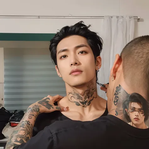 arafed man with a tatuagem on his neck getting his hair cut, with facial tatuagem, cai xukun, jung jaehyun, neck tatuagems, arti...