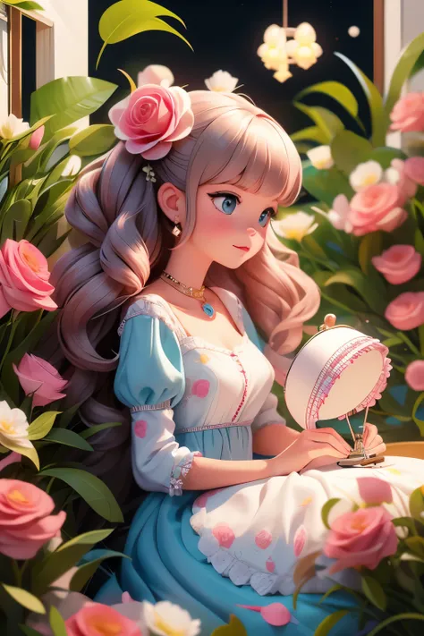 Detailed digital art of princess sewing with sewing machine, de perfil, cabelo ondulado, em volta de flores rosas e brancas, dynamic composition