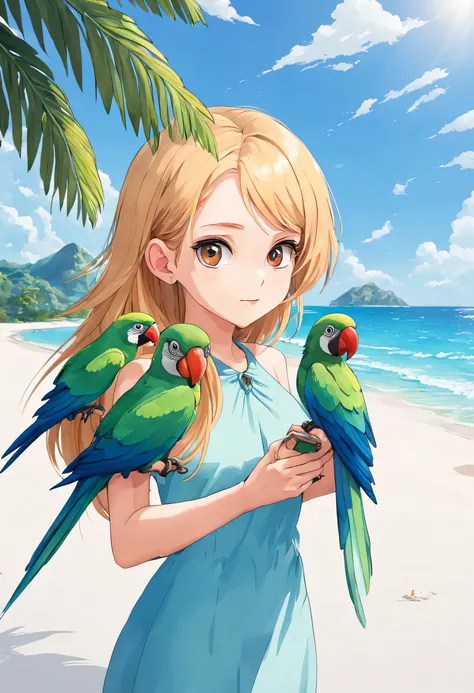 ((create cute girl holding a parrot on beautiful white sand beach, 8k, alta qualidade))
