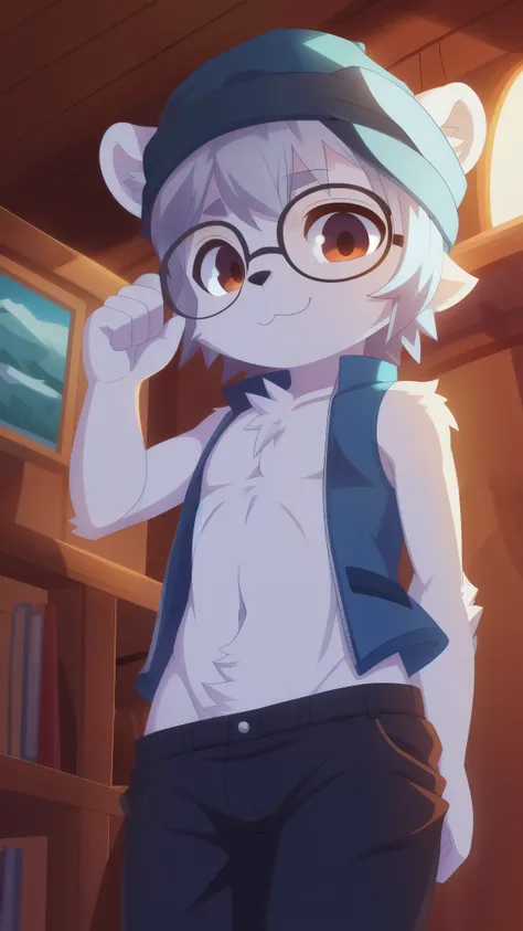 Furry shota, young, polar bear, grey hair, spiky hair, detailed body fur, brown eyes, ((winter blue vest, open clothes, nude torso, dark blue wool cap, black winter pants, glasses)), masterpiece, looking at you, white body fur, detailed face, short boy, bi...