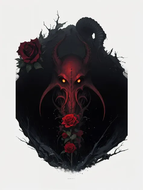 An eerie and mysterious depiction of Cthulhu on a white background, accompanied by a sick rose, a blood sickle, a void, an invisible worm, and a honeysuckle, with the sentence "Lovecrafts Secret Domain" written on the foreground, Vintage photorealistic col...